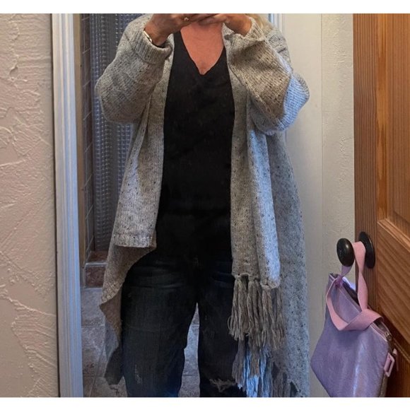Grey Cardigan Boho Sweater Cover Up Poncho Wrap Knit Tassels Trendy Womens Top - Picture 10 of 12